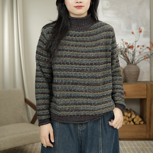 秋冬条纹色织复古半高领针织套头衫 2803 宽松显瘦上衣