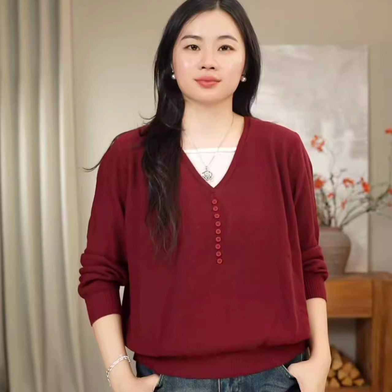 套头拼接假两件针织衫女