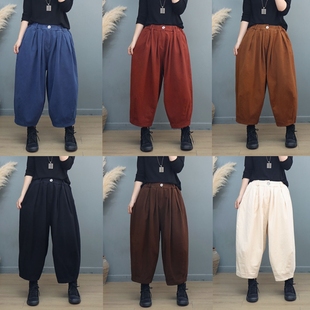 复古加绒加厚老爹裤女冬季宽松大码九分气球裤休闲文艺阔腿灯笼裤