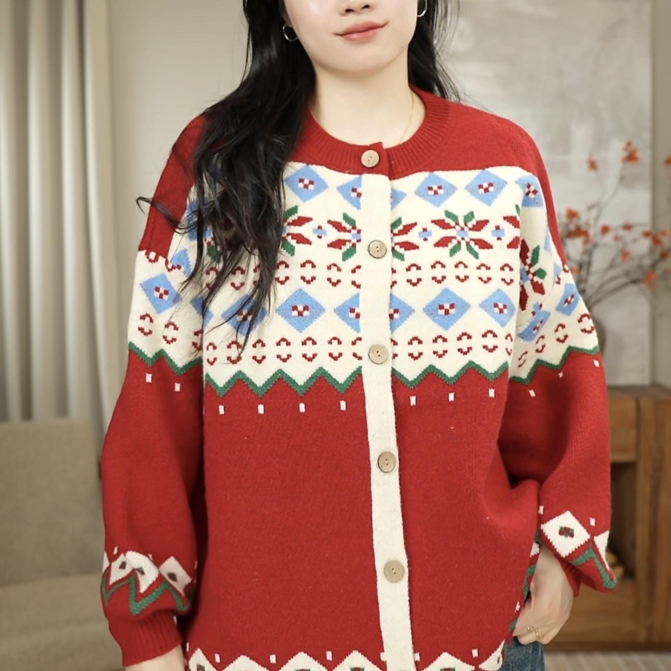 冬季新款宽松提花氛围感费尔岛针织慵懒毛衣开衫女 289