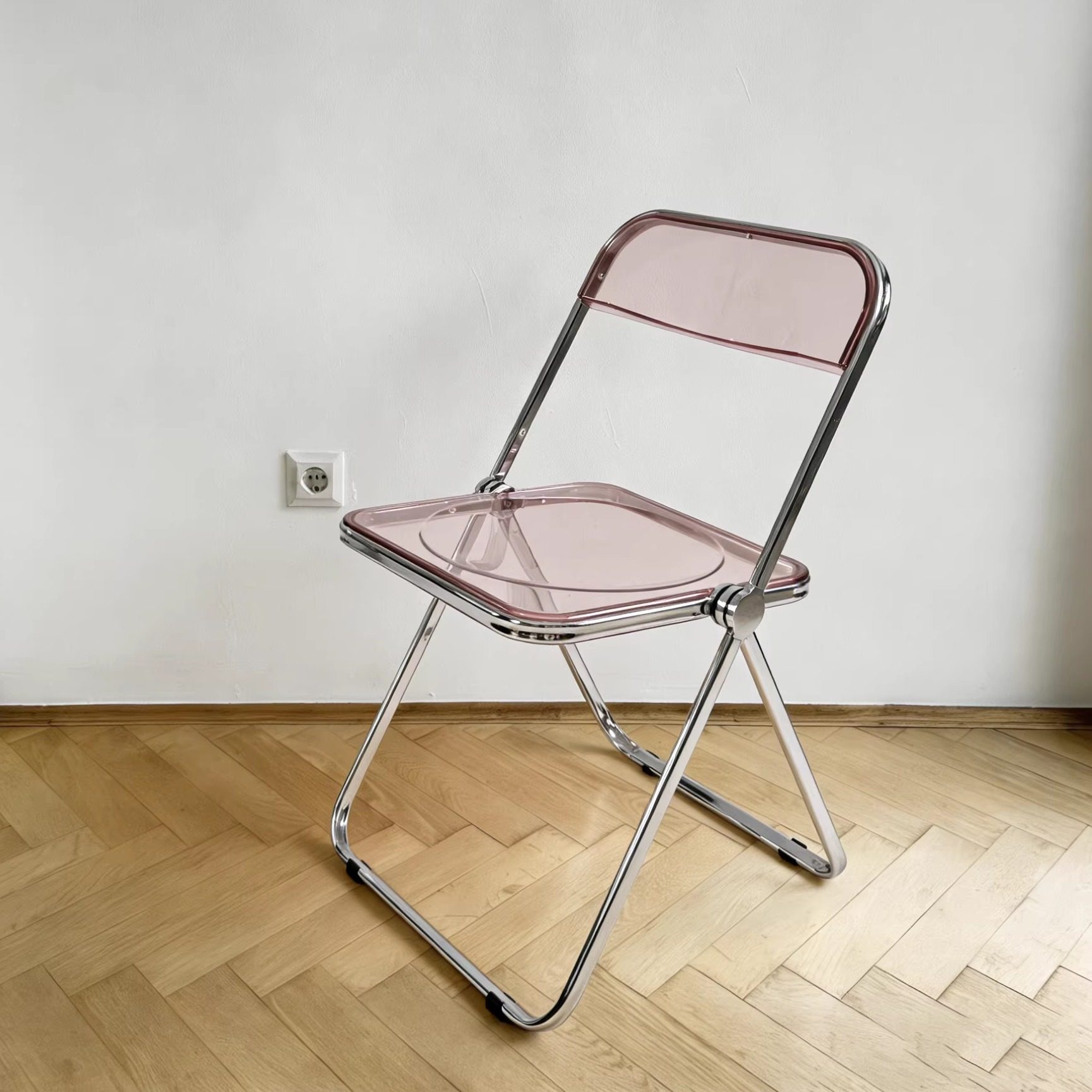 妙HOME 中古vintage复刻粉色靠背折叠椅现代家用餐椅网红简约椅子