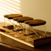 带架 带盖盐糖罐带勺调味瓶套装 妙HOME日式 相思木家用厨房调料罐