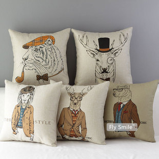 厂家棉麻抱枕外套汽车腰靠垫套文艺简约北欧美风拟人狮子老虎鹿角