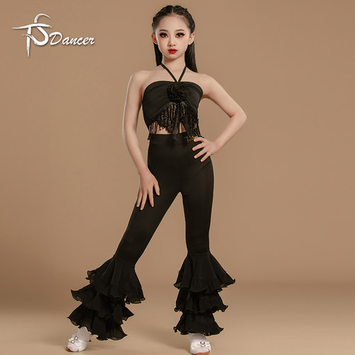 星舞林拉丁舞服下装跳舞蹈练功长裤女儿童国标摩登裤子大喇叭套装