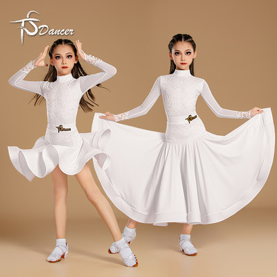 高档儿童摩登裙春夏国标舞考级规定三件套女拉丁舞练功服蕾丝长袖