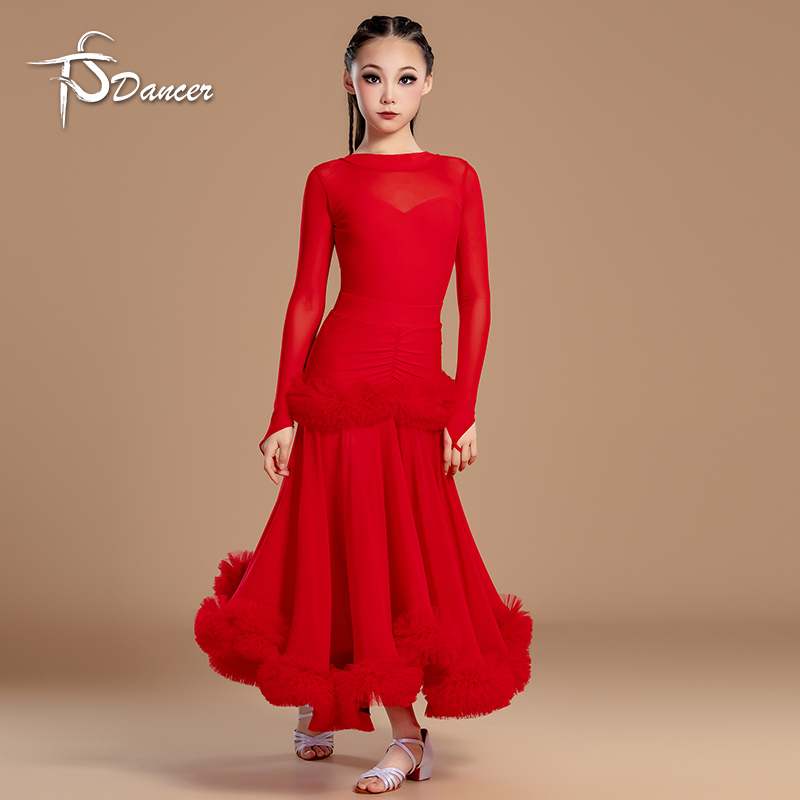星舞林新款中国红色花密边国标摩登舞赛服表演出服规定服交谊舞蹈