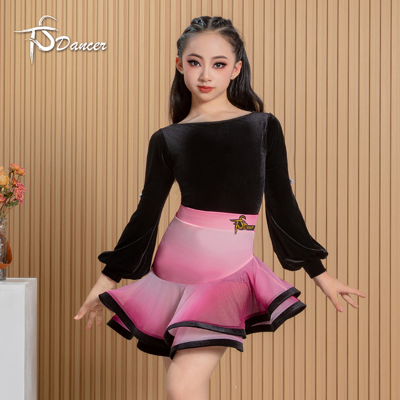 新款女童拉丁舞练功服少儿秋冬丝绒粉色渐变套装分体集训演出服