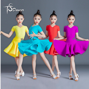 新款拉丁舞服女童比赛服夏季短袖V领专业标准规定服大裙摆演出服