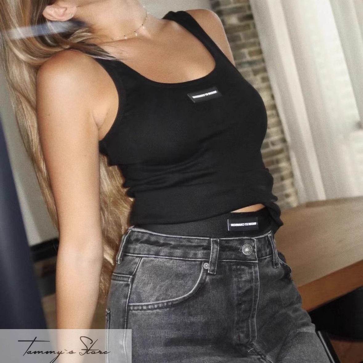 塔米家 V*gue-美式复古logo黑色基础款背心上衣 外G3-3