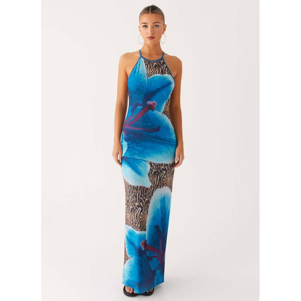 塔米家 PE度假风蓝花豹纹露背斜肩吊带连衣长裙