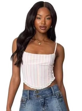 塔米家 美Ed*k粉白竖纹花边吊带鱼骨上衣 D4-2