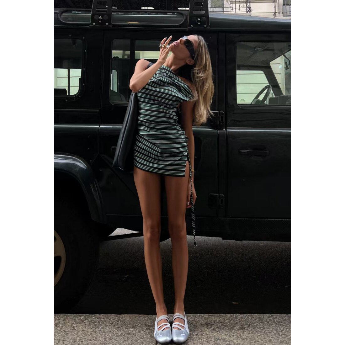 塔米家 澳母狮子L*on*ss斜肩横纹收腰连身裙 A1-1