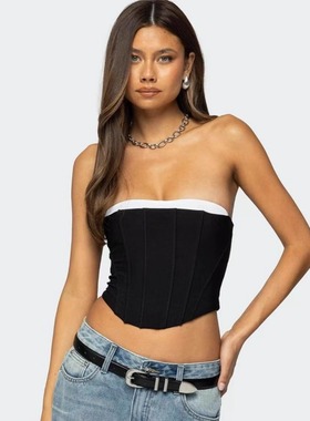 塔米家 美Ed*k百搭网纱黑白鱼骨抹胸上衣