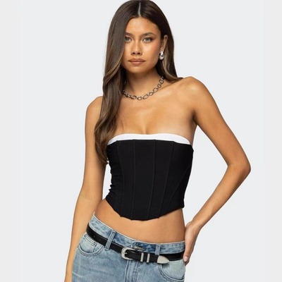 塔米家 美Ed*k百搭网纱黑白鱼骨抹胸上衣