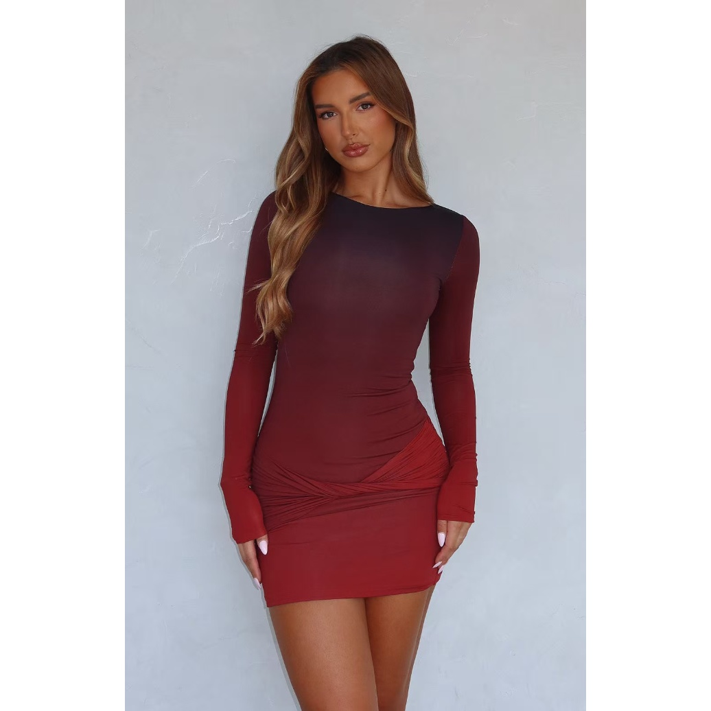 塔米家 W-F圆领包臀渐变长袖连身裙 H1-3