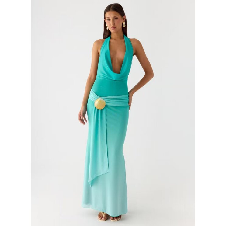 塔米家 PE贝壳荡领渐变露背挂脖连身长裙 B4-2