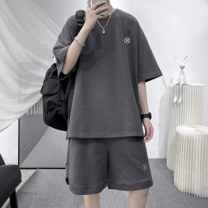 夏大码刺绣短袖T恤套装男潮牌宽松短裤休闲两件套装 TZ751 P85图片
