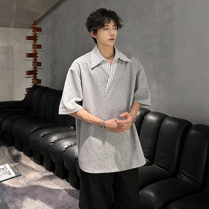 美式拼接短袖polo衫男款设计感小众斜领t恤cleanfit重磅衬衫半袖图片
