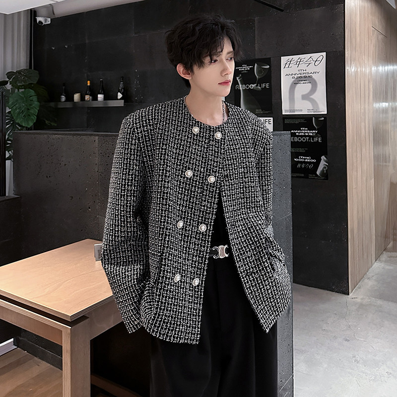 垫肩经典格纹粗花呢小香风双排扣外套潮男小西服夹克JK368P118,男装西服,电商A070