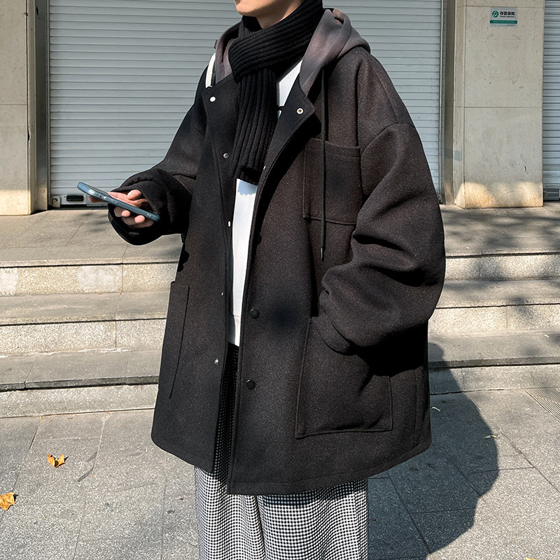 毛呢大衣宽松中长款风衣加厚夹棉男流行连帽呢大衣潮Y09P120，男装风衣，电商A070