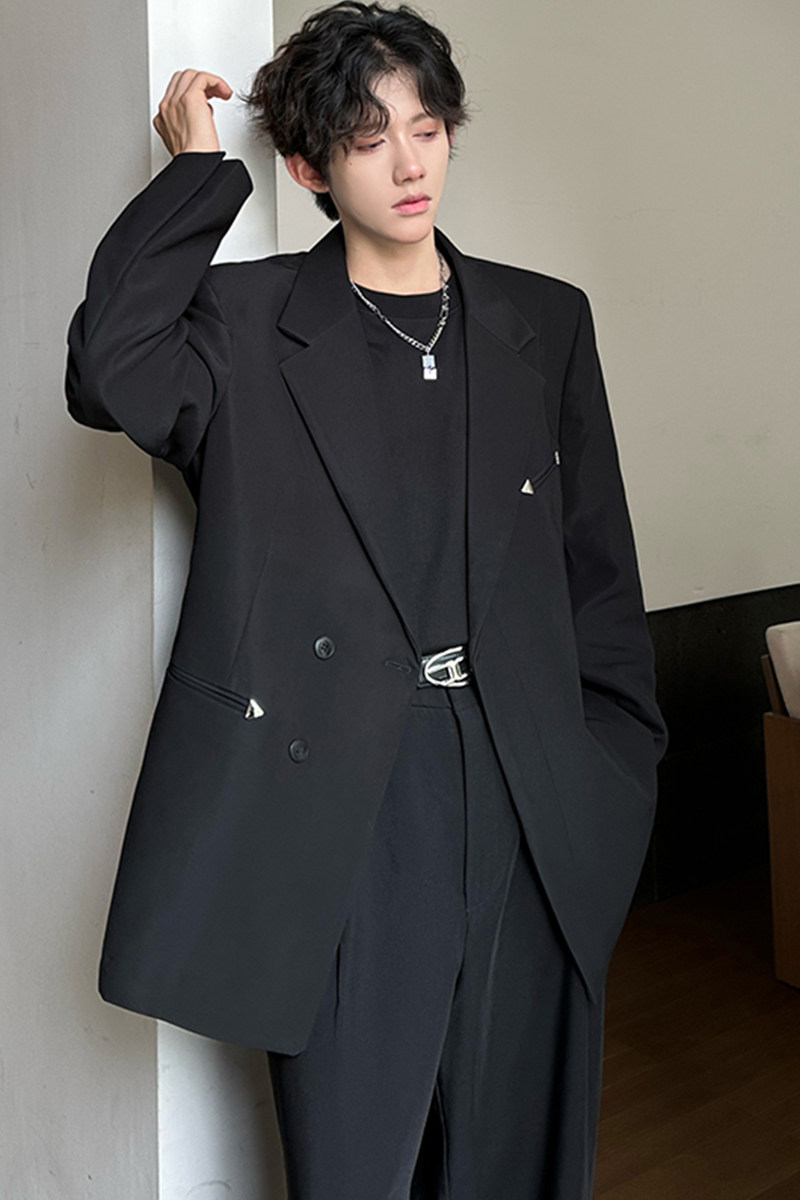垫肩款双排扣金属设计西装外套痞帅高街老钱风男西服XZ215P98,男装西服,电商A070