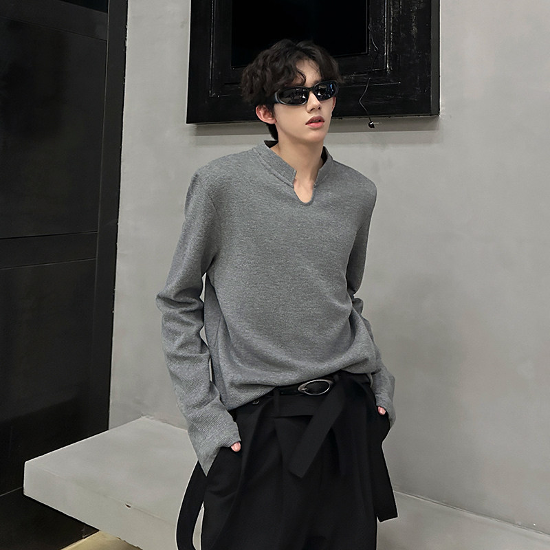 老钱风设计出众的小v领华夫格休闲针织长袖T恤打底衫CD2257P45,男装T恤,电商A070