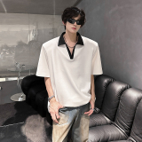 垫肩V领小众撞色翻领T恤宽松夏季男潮流短袖polo衫CD1072P38，男装Polo衫，电商A070