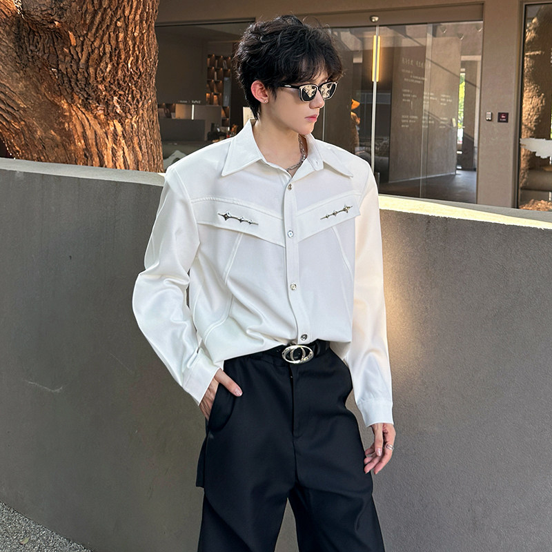 垫肩小众金属解构美式衬衣高级感痞帅廓形潮男长袖衬衫CS937P65,男装衬衫,电商A070