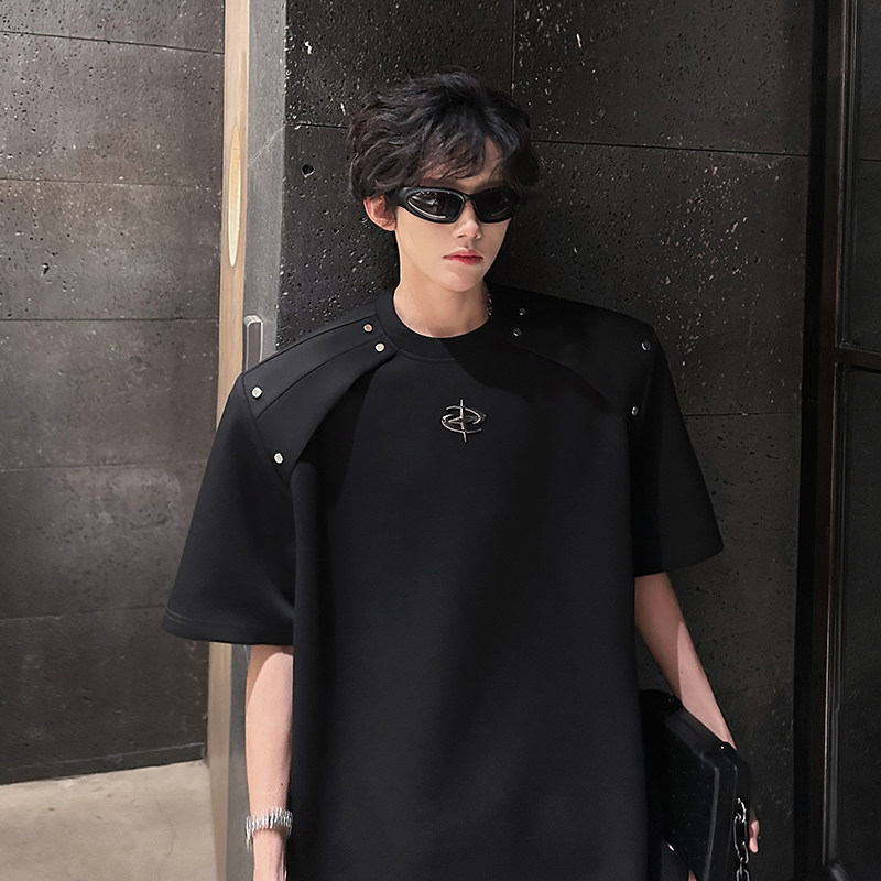 垫肩设计高街肌理感小众T恤潮男美式金属性宽松夏短袖CD1070P48,男装T恤,电商A070