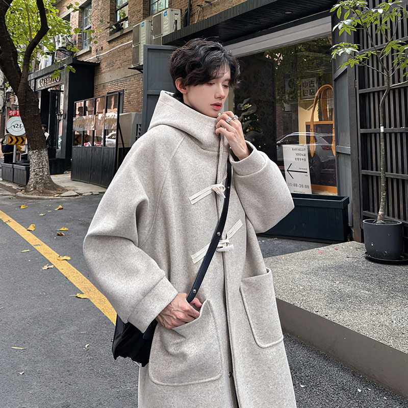 高街男长款连帽牛角扣呢子风衣潮外套高级宽松毛呢大衣BY12P128，男装风衣，电商A070