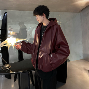 灯笼袖设计感短款连帽皮衣外套机车安可拉红复古男夹克 KP706 P98图片