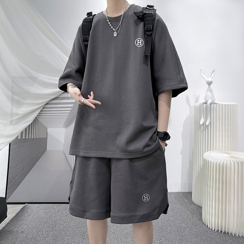 夏大码刺绣短袖T恤套装男潮牌宽松短裤休闲两件套装 TZ751 P85图片