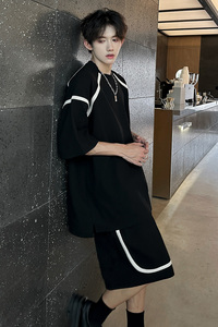 华夫格肌理感男美式运动T恤短裤复古拼接短袖两件套装 TZ755 P78图片