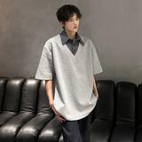 假两件潮流V领拼接衬衫领垂感T恤宽松百搭polo衫短袖CD1083P48，男装T恤，电商A070