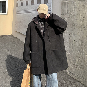 简约中长款风衣连帽撞色宽松青少年bf男毛呢大衣DY09P120
