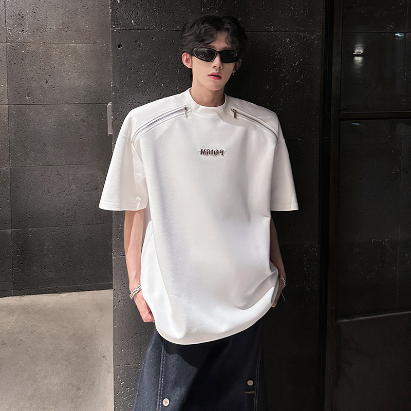 垫肩设计金属多拉链潮圆领T恤重工高质感原创夏男短袖CD1078P48，男装T恤，电商A070