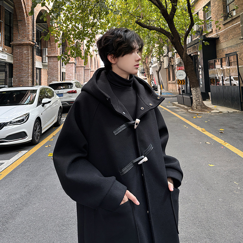 高街男长款连帽牛角扣呢子风衣潮外套高级宽松毛呢大衣BY12P128，男装风衣，电商A070