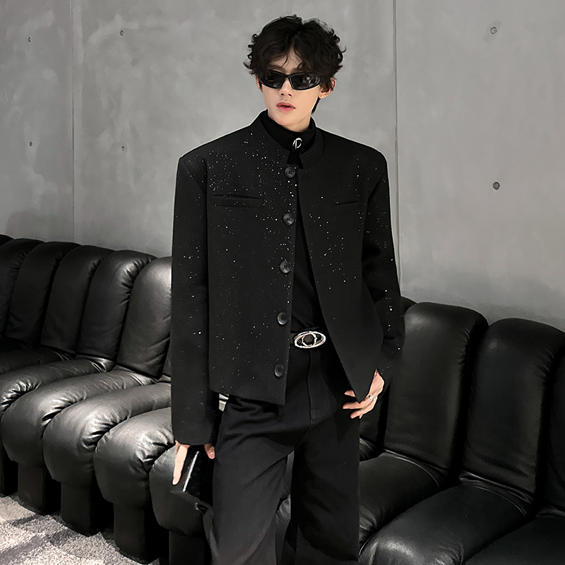 垫肩撒银呢料立领短款西装外套轻奢夜店痞夹克小西服JK391P118，男装夹克，电商A070