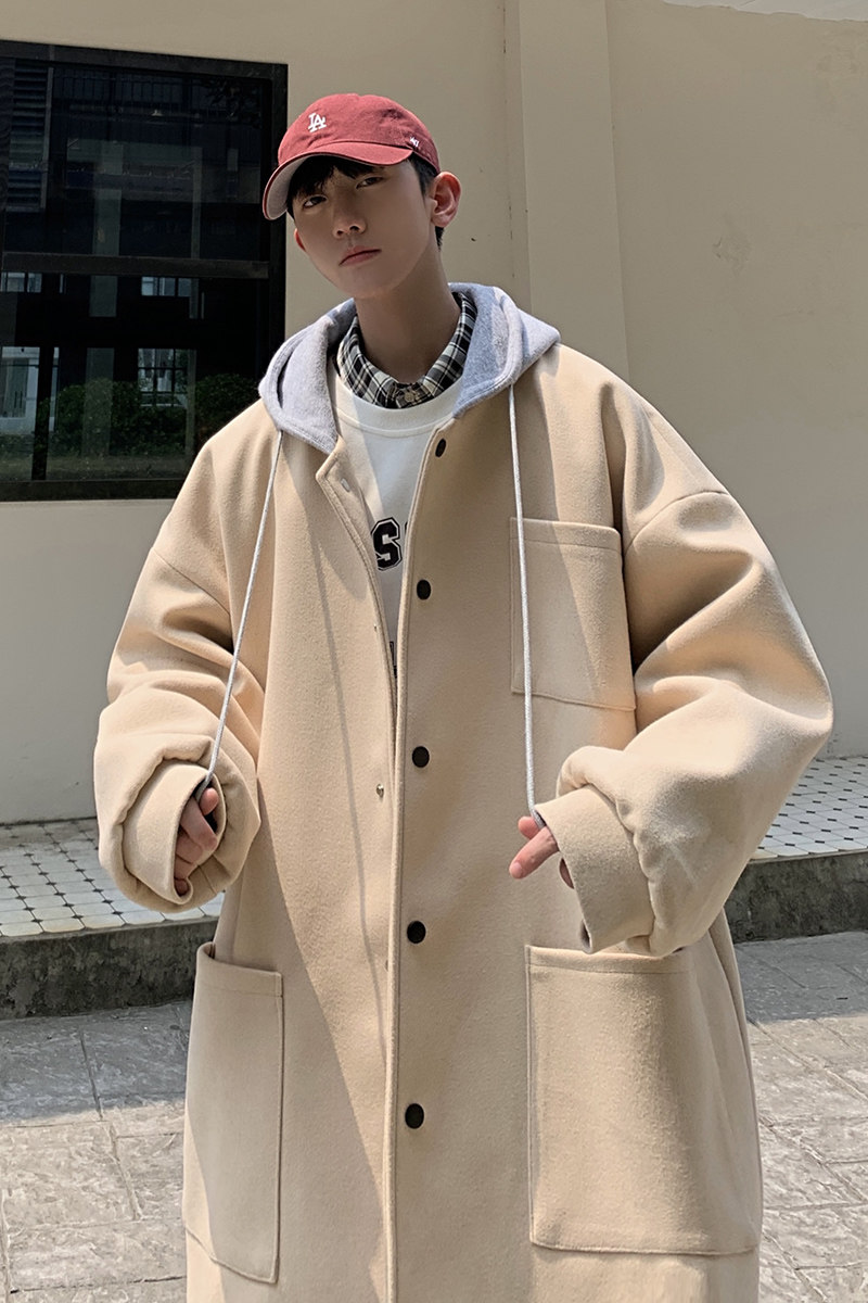 简约中长款风衣连帽撞色宽松青少年bf男毛呢大衣DY09P120,男装风衣,电商A070