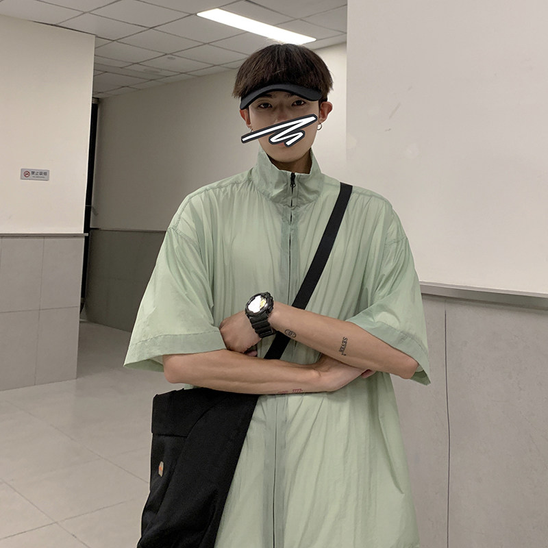 新款港风立领防晒服男生流行拉链情侣中性短袖T恤8801P28,男装T恤,电商A070