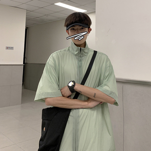新款港风立领防晒服男生流行拉链情侣中性短袖T恤 8801 P28图片