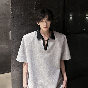 垫肩V领小众撞色翻领T恤宽松夏季男潮流短袖polo衫 CD1072 P38图片