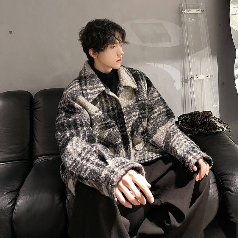 毛呢大衣厚款保暖宽松外套痞帅格子毛绒男夹克呢子大衣133P108,男装夹克,电商A070