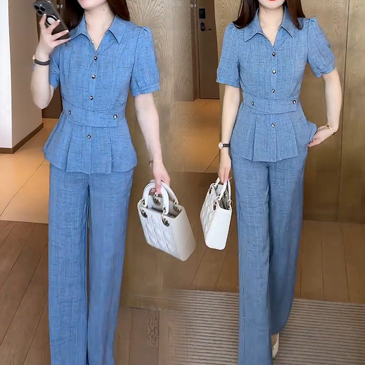 时尚套装女2025夏季新款洋气收腰显瘦减龄短袖阔腿裤气质两件套潮