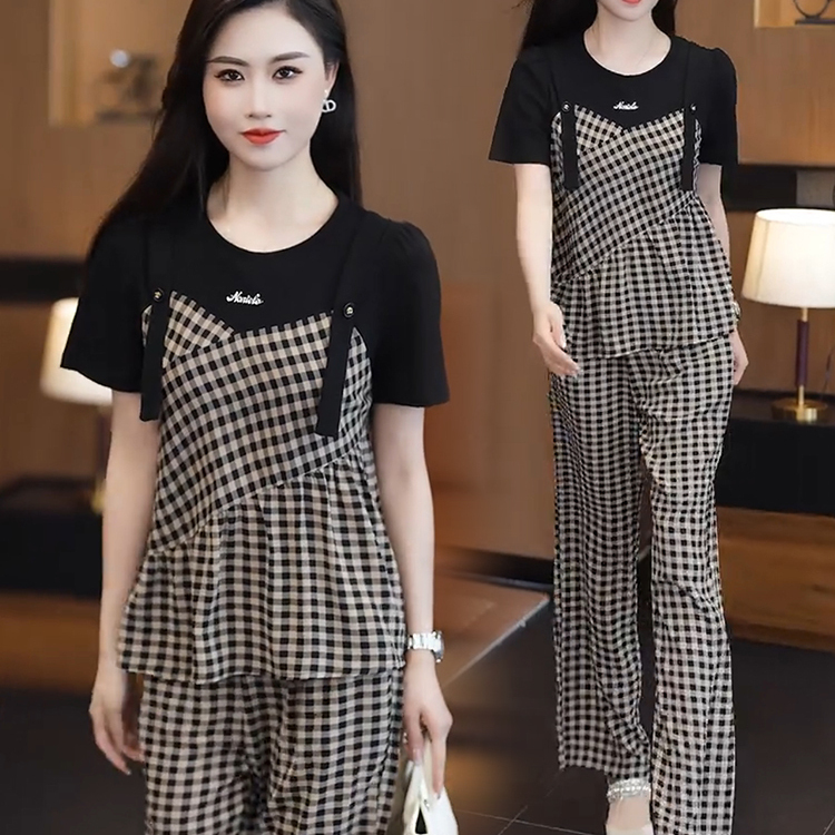 时尚套装女2025夏季新款洋气遮肉显瘦格纹假两件上衣阔腿裤两件套