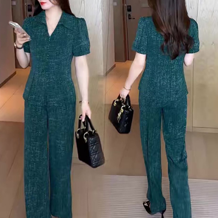 时尚套装女2025夏季新款洋气减龄显瘦收腰短袖上衣阔腿裤两件套潮