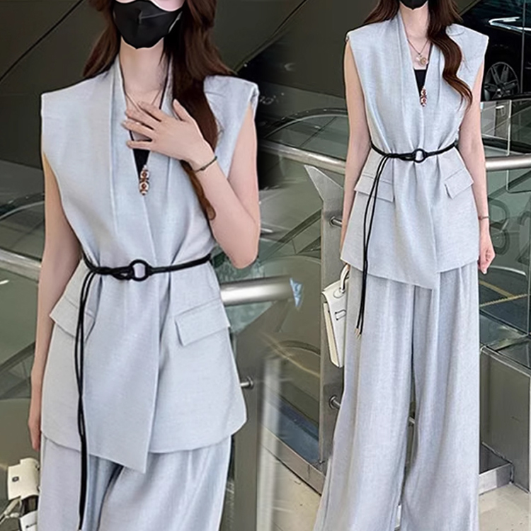时尚套装女2025夏季新款高级感洋气收腰马甲无袖西装阔腿裤两件套