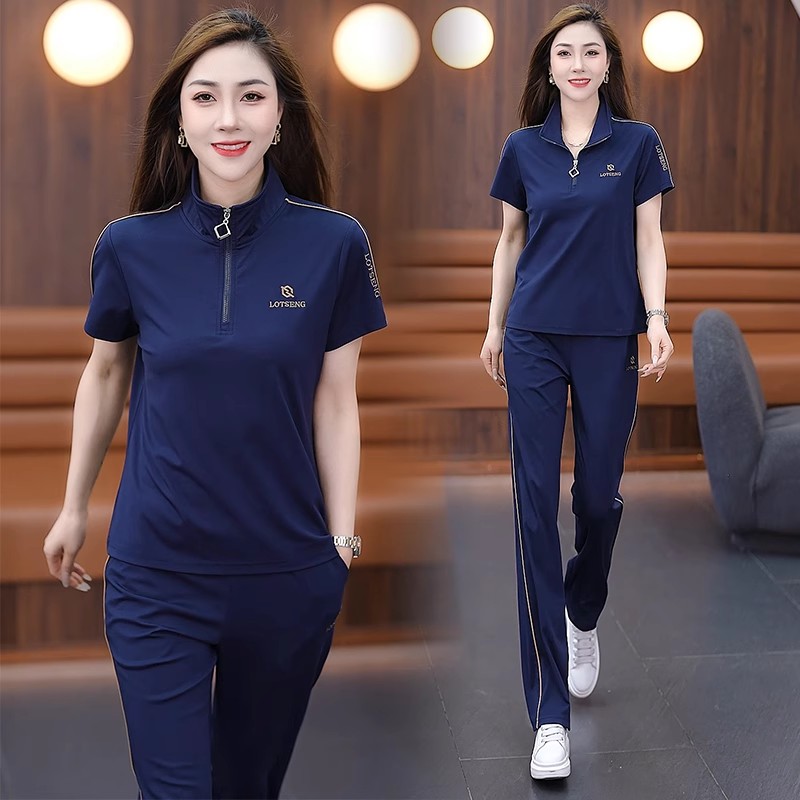 时尚冰丝薄款运动套装女2025夏季新款洋气显瘦短袖阔腿裤两件套潮