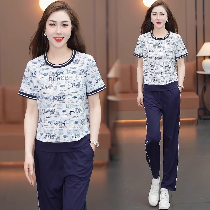 休闲运动套装女2025夏季新款时髦显瘦圆领短袖上衣阔腿裤两件套潮