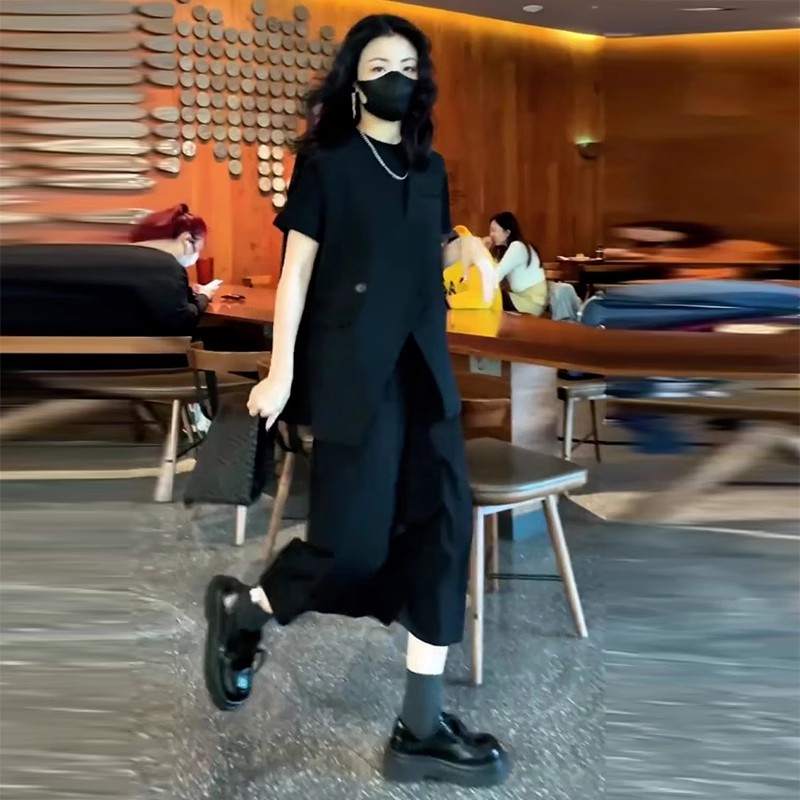 时尚套装女2025夏季新款洋气显瘦西装马甲短袖连衣裙中长款两件套